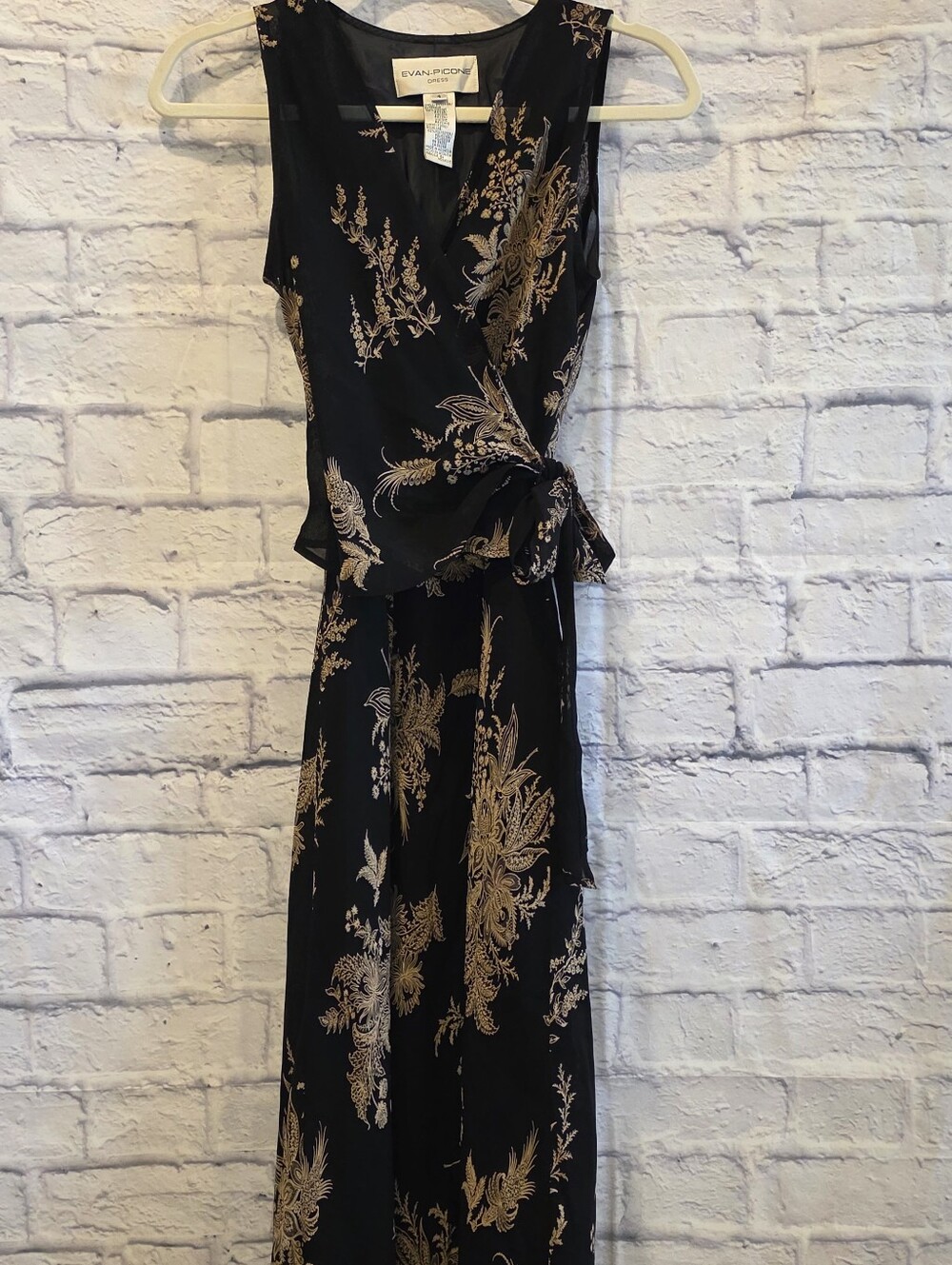 Evan Picone Faux Wrap Dress STUNNING Size 4 Black Gold Floral Rayon Vintage 90s